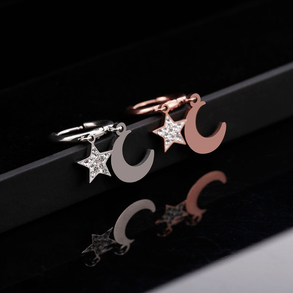 Star Moon Earrings for Women Stainless Steel Small Circle Ear Hoops Earrings Mosaic Cubic Zircon Pendant Jewelry Wedding Gift