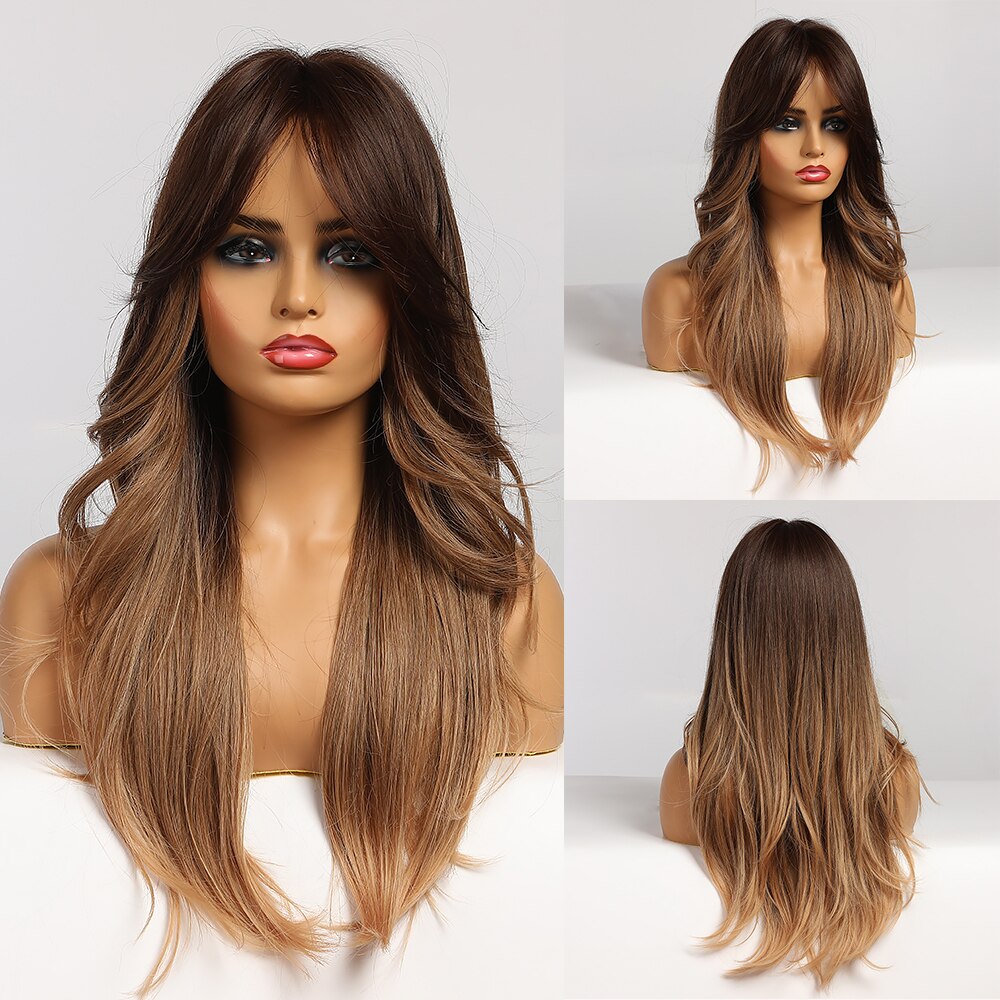 Long Wavy Brown to Light Blonde Ombre Hair Wigs Middle Part Natural Synthetic Wigs for Black Women Cosplay Heat Resistant Wigs