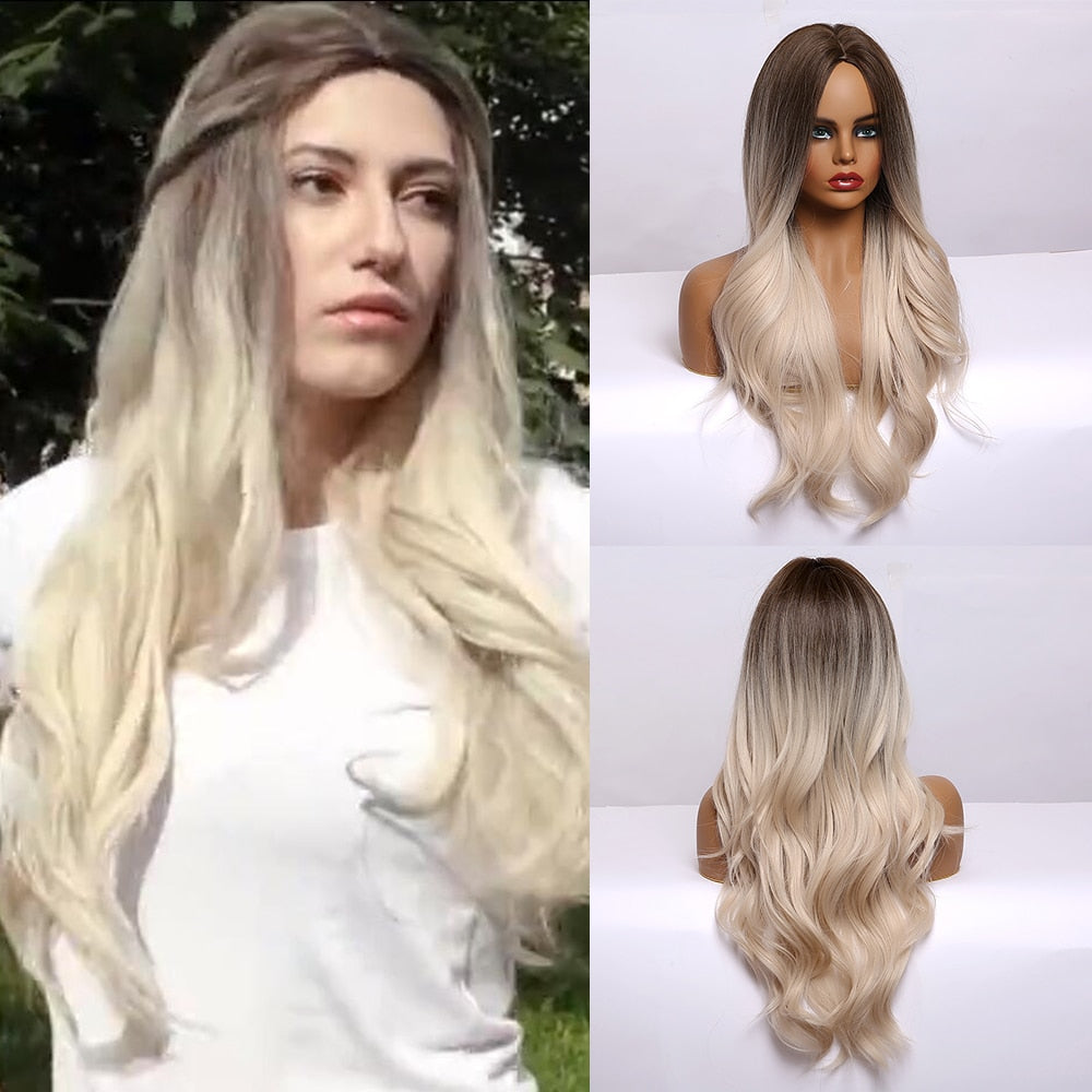 Long Wavy Brown to Light Blonde Ombre Hair Wigs Middle Part Natural Synthetic Wigs for Black Women Cosplay Heat Resistant Wigs