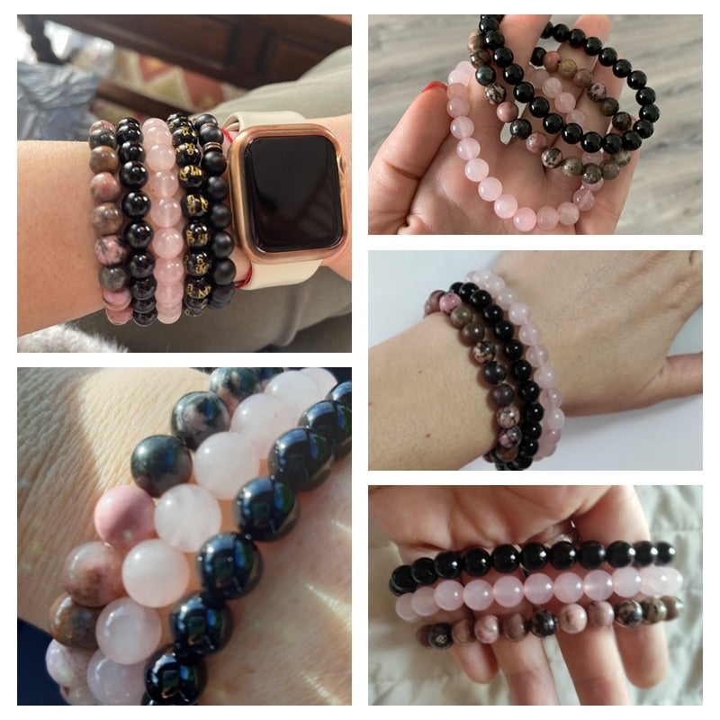 WAVE LENGTH Bracelets 8mm Natural Stone Bracelet Set 3Pcs/set Rhodonite Rose Pink Quartzs Moonstone Amethysts Hematite Bracelets For Women Men Jewelry