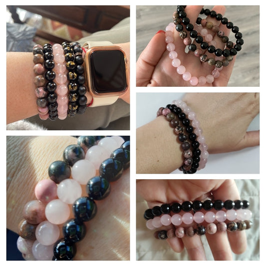 WAVE LENGTH Bracelets 8mm Natural Stone Bracelet Set 3Pcs/set Rhodonite Rose Pink Quartzs Moonstone Amethysts Hematite Bracelets For Women Men Jewelry