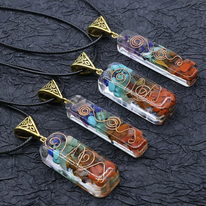 🙏✨CLAIM YOUR FREE Chakra Retro Reiki Healing Mantra and  Colorful Chips Stone Natural Chakra Orgone Energy Pendant Necklace Pendulum Amulet Orgonite Crystal Necklace