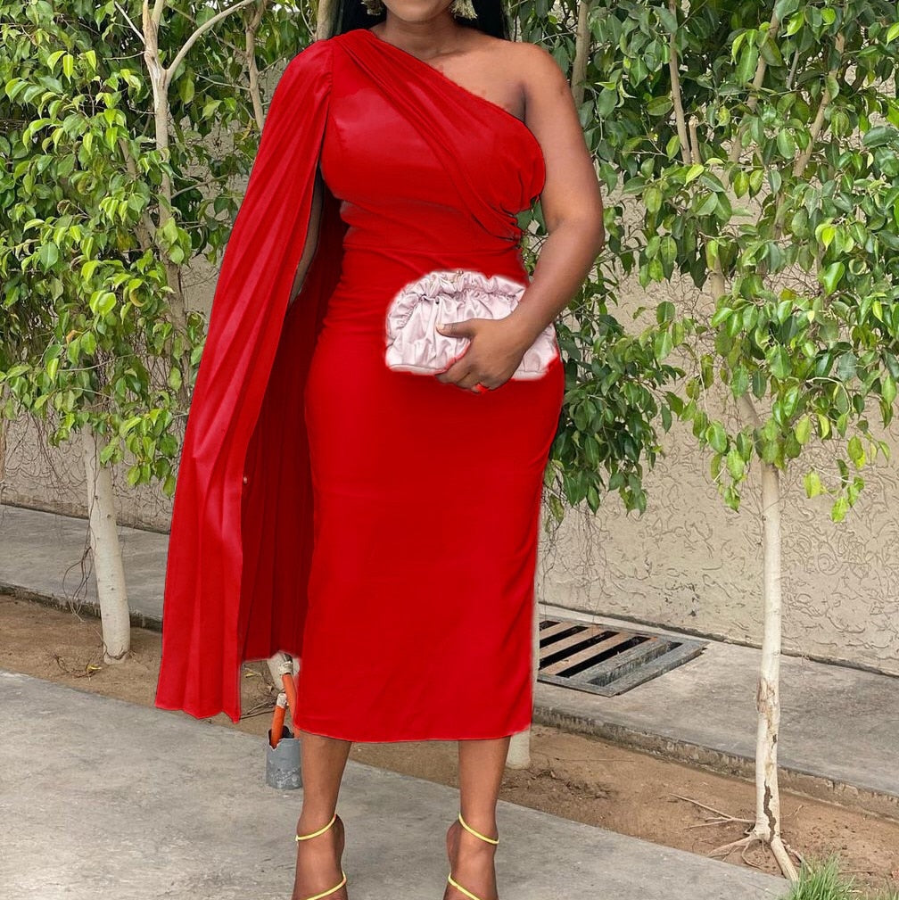 Red Dress Cloak Sleeve High Waist Bodycon Solid Mid Calf Elegant For Evening Party Dinner