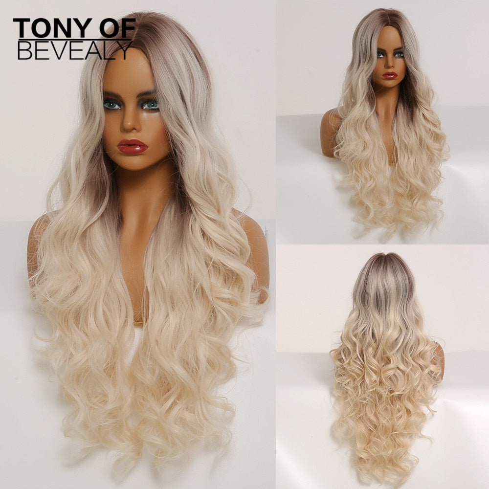 Long Wavy Brown to Light Blonde Ombre Hair Wigs Middle Part Natural Synthetic Wigs for Black Women Cosplay Heat Resistant Wigs