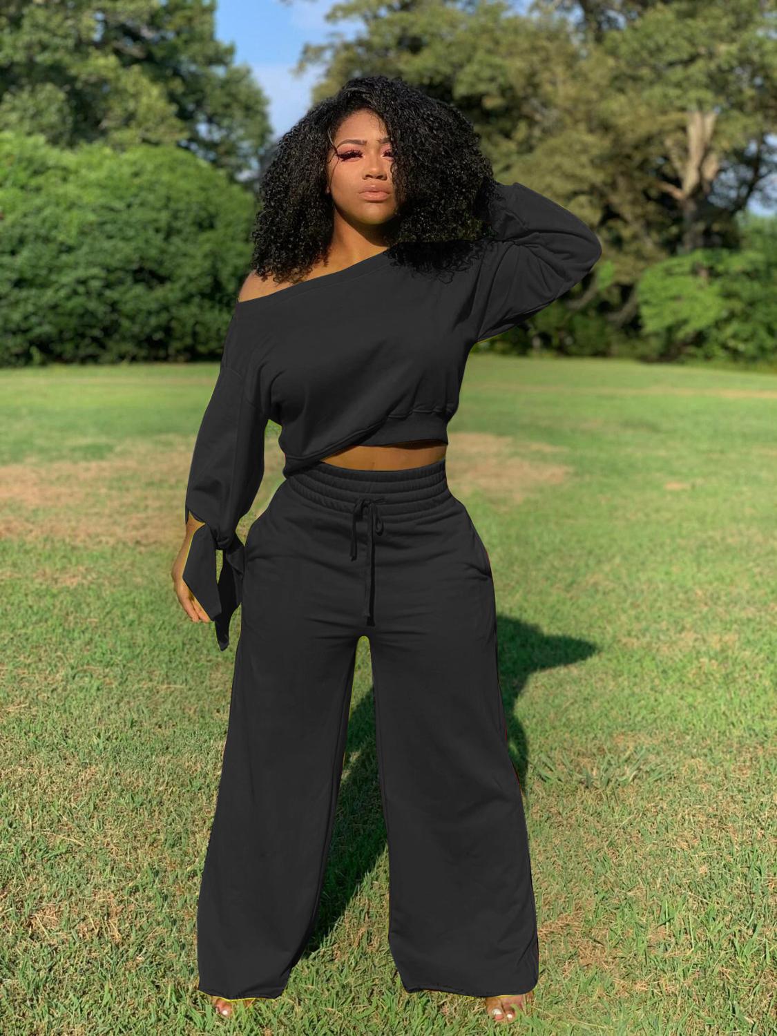 Long Sleeve Sexy Off Shoulder Crop Top Wide Leg Pants Two Piece Set lounge wear Casual Fashion Tracksuit  Outfit