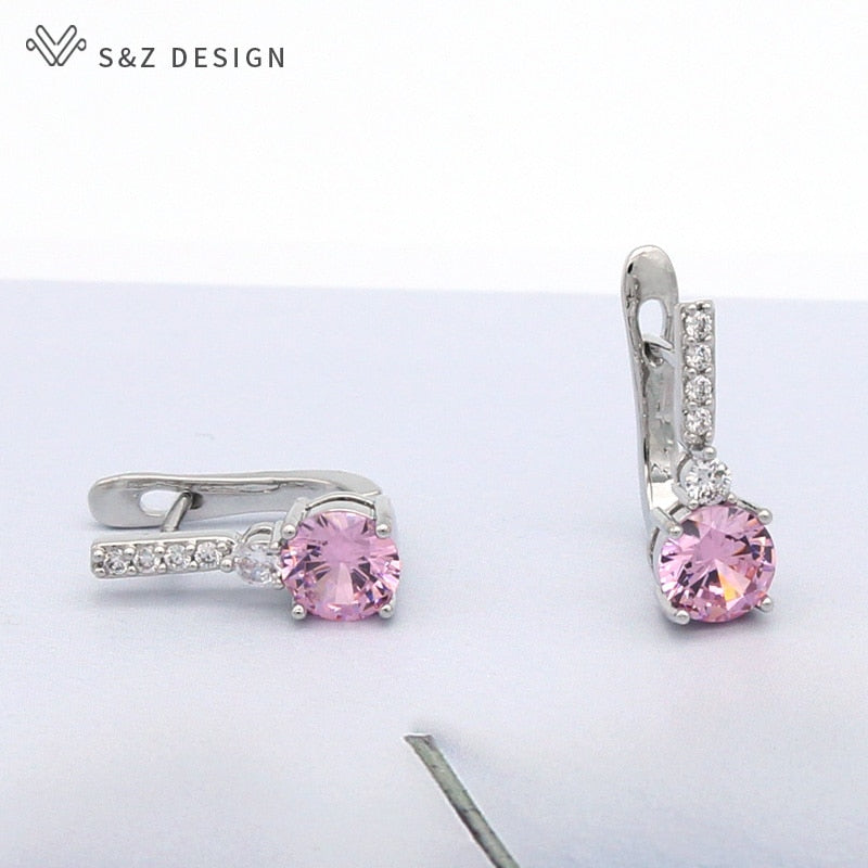 S&Z Round Micro Wax Inlay Cubic Zirconia Dangle Earrings 585 Rose Gold