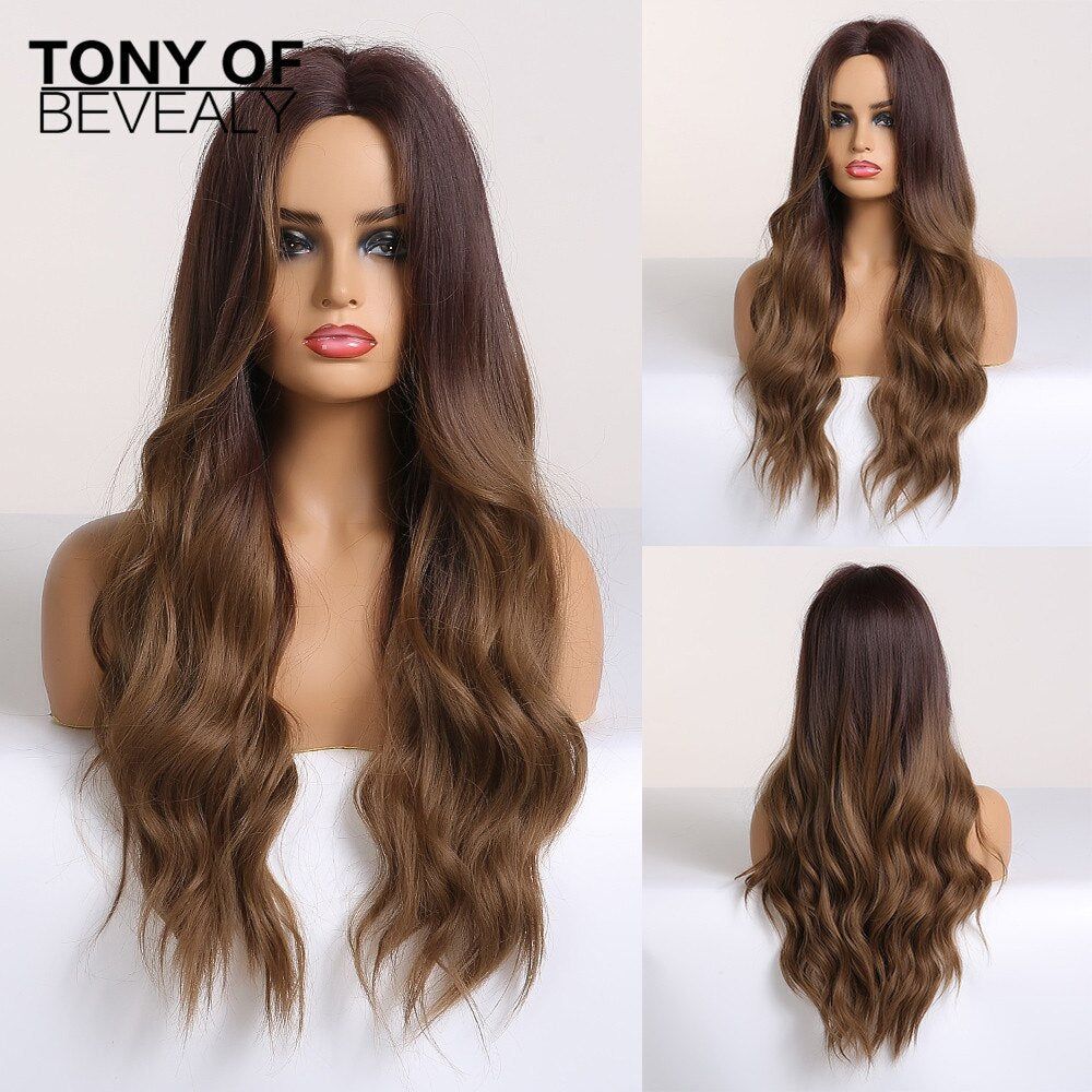 Long Wavy Brown to Light Blonde Ombre Hair Wigs Middle Part Natural Synthetic Wigs for Black Women Cosplay Heat Resistant Wigs