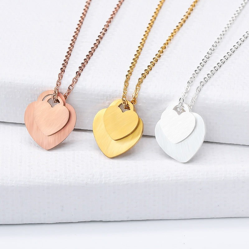 Stainless Steel Double Love Heart Necklace Women Collares Mujer Gold Chain Choker Necklaces Pendents Jewelry Bridesmaid Gifts
