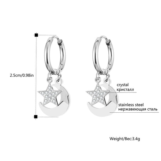 Star Moon Earrings for Women Stainless Steel Small Circle Ear Hoops Earrings Mosaic Cubic Zircon Pendant Jewelry Wedding Gift