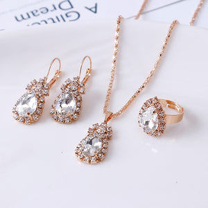 Luxury Water Drop Rhinestone Necklace Earrings Ring Set Shiny Fashion Elegant Women Bridal Jewelry Sets