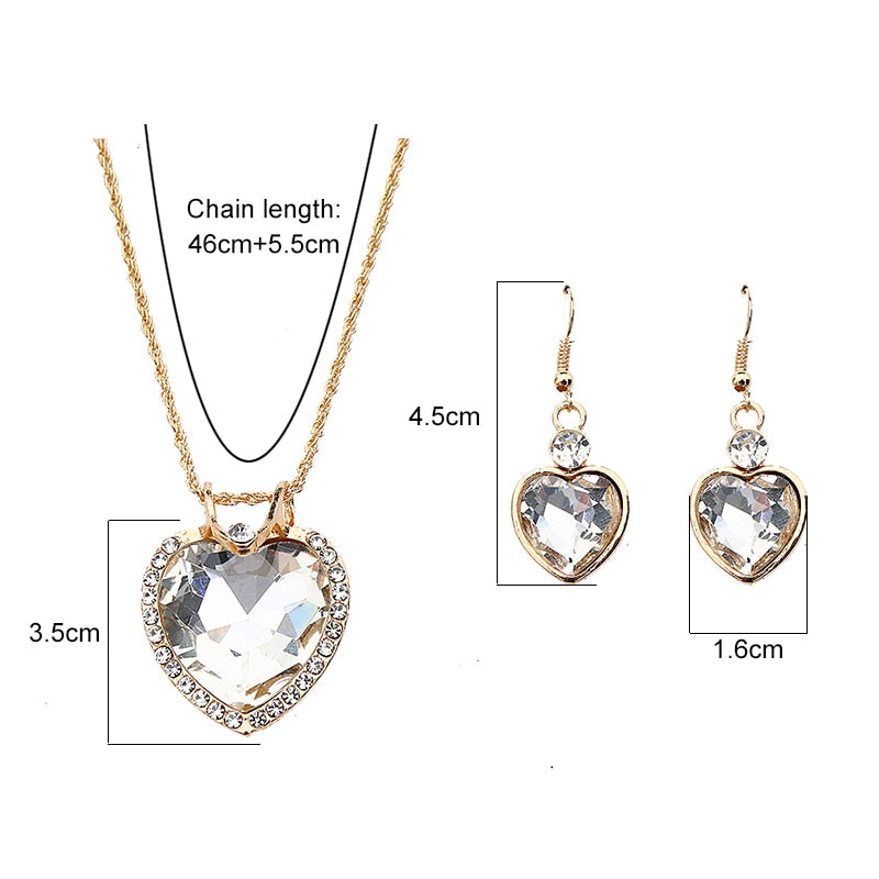 Fashion Jewelry Luxury Gold-color Romantic Austrian Crystal heart shape Chain Necklace Earrings Jewelry Sets