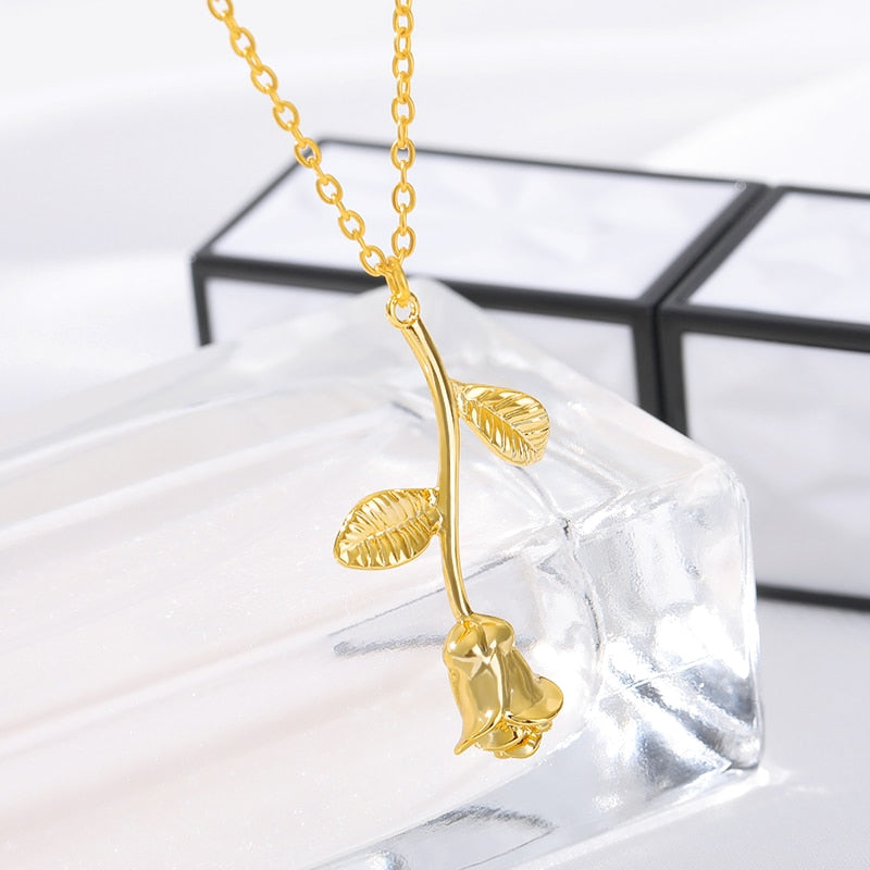 Rose Flower Necklace For Women Stainless Steel Beauty and the Beast Pendant Necklaces Charm Boho Jewelry Valentine's day Gift