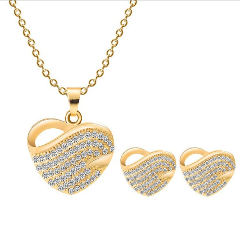 Fashion Jewelry Luxury Gold-color Romantic Austrian Crystal heart shape Chain Necklace Earrings Jewelry Sets