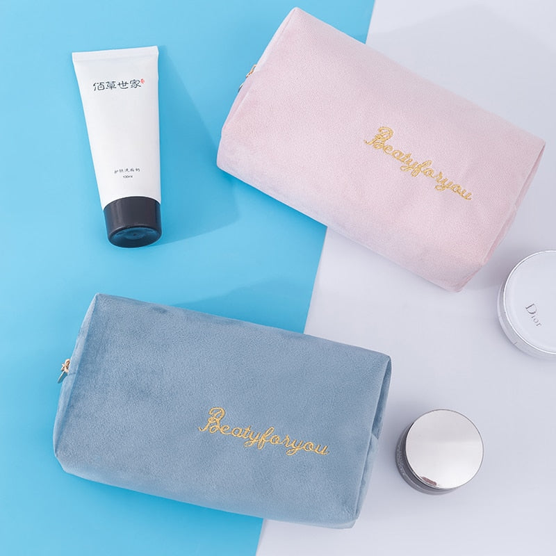 Women Cosmetic Bag Toiletries Tool Travel Organizer Solid Color Storage Easy carry Case Flannel Zipper Ladies Makeup Bag