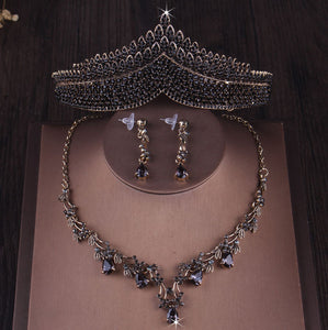 Rising from the Ashes to Beauty -Jewelry Set Baroque Gold Color Black Crystal Heart Bridal Jewelry Sets Rhinestone Crowns Tiaras Necklace Earrings Wedding Dubai Jewelry Set
