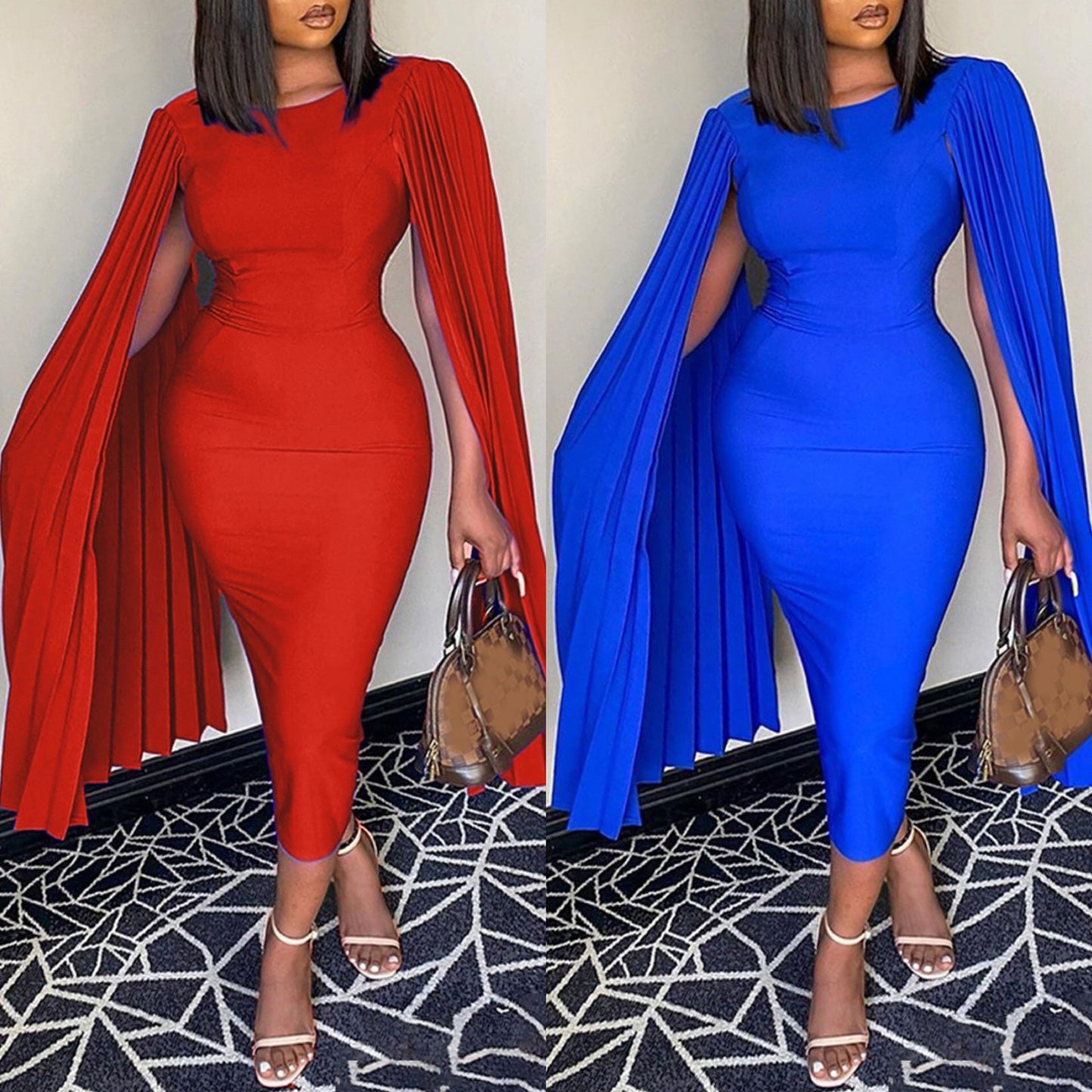 Red Dress Cloak Sleeve High Waist Bodycon Solid Mid Calf Elegant For Evening Party Dinner