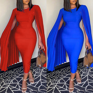 Red Dress Cloak Sleeve High Waist Bodycon Solid Mid Calf Elegant For Evening Party Dinner