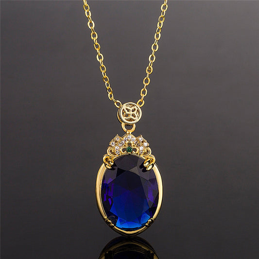 Vintage Carving Oval Sapphire Gemstones Blue Crystal Pendant Necklaces for Women 18k Gold Color Diamonds Choker Jewelry