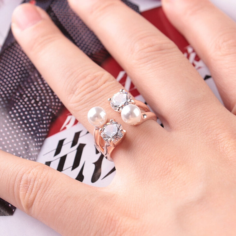 Fashion  Crystal  Fine  New  Pearl  Ring  Adjustable  Opening