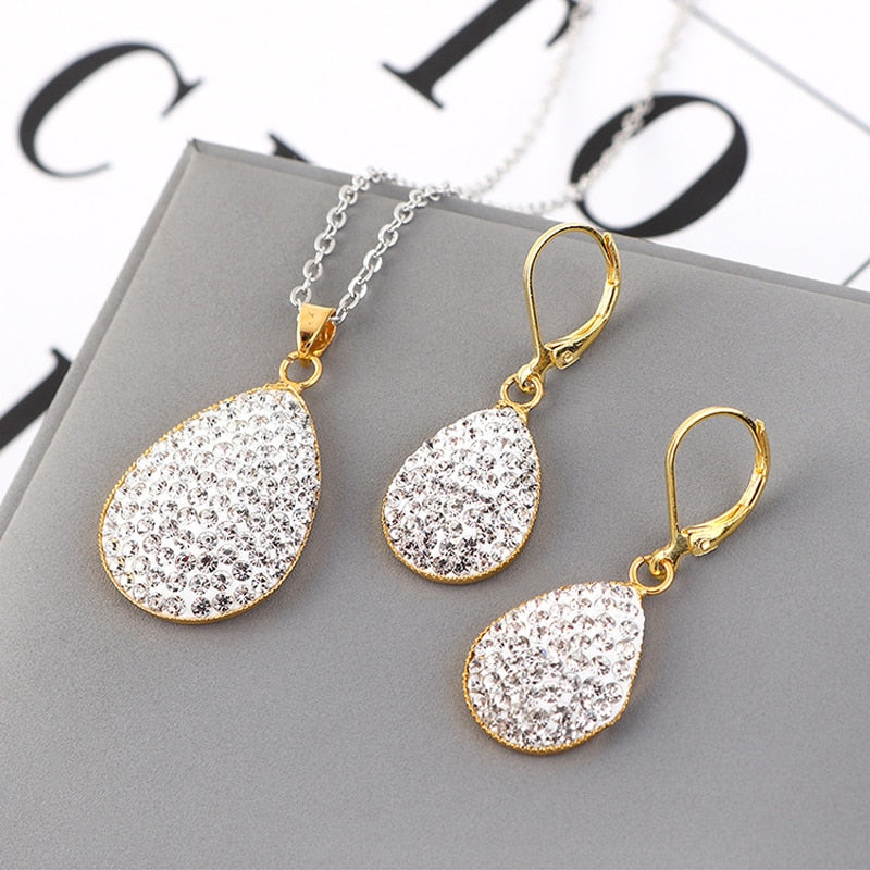 Fashion Jewelry Luxury Gold-color Romantic Austrian Crystal heart shape Chain Necklace Earrings Jewelry Sets