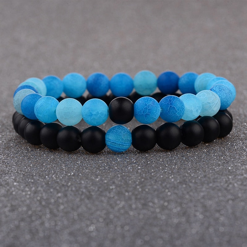 2pcs/set  Weathered Stone Beaded Couple Bracelet Classic MoonStone Lovers Bracelet