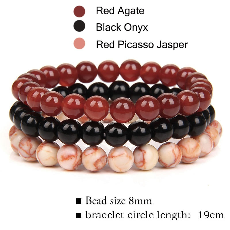 WAVE LENGTH Bracelets 8mm Natural Stone Bracelet Set 3Pcs/set Rhodonite Rose Pink Quartzs Moonstone Amethysts Hematite Bracelets For Women Men Jewelry