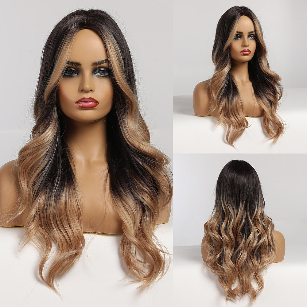 Long Wavy Brown to Light Blonde Ombre Hair Wigs Middle Part Natural Synthetic Wigs for Black Women Cosplay Heat Resistant Wigs