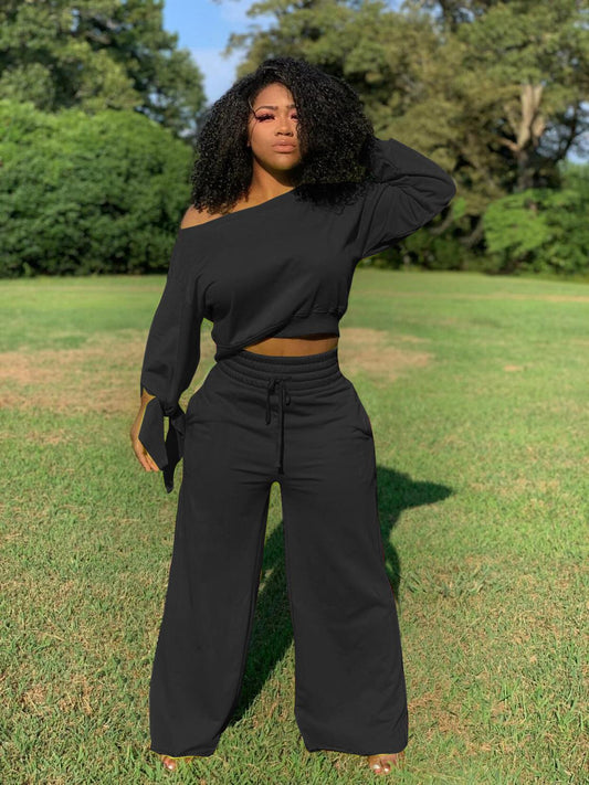 Long Sleeve Sexy Off Shoulder Crop Top Wide Leg Pants Two Piece Set lounge wear Casual Fashion Tracksuit  Outfit