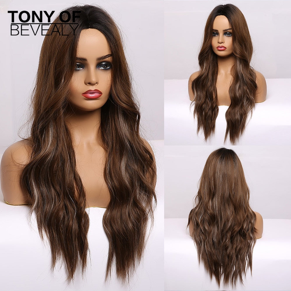 Long Wavy Brown to Light Blonde Ombre Hair Wigs Middle Part Natural Synthetic Wigs for Black Women Cosplay Heat Resistant Wigs