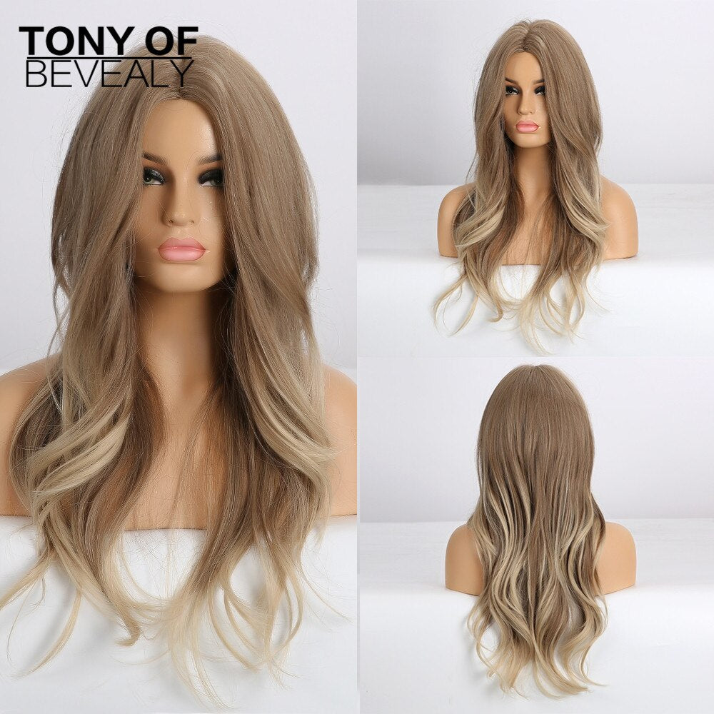 Long Wavy Brown to Light Blonde Ombre Hair Wigs Middle Part Natural Synthetic Wigs for Black Women Cosplay Heat Resistant Wigs