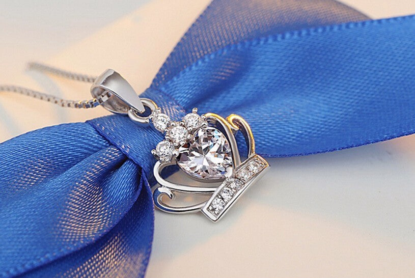 🌺✝Ashes to Beauty Sterling Silver Necklace Queen Princess Crystal Crown Zirconia Heart Pendant Necklace For Women 45cm Chain S-N98