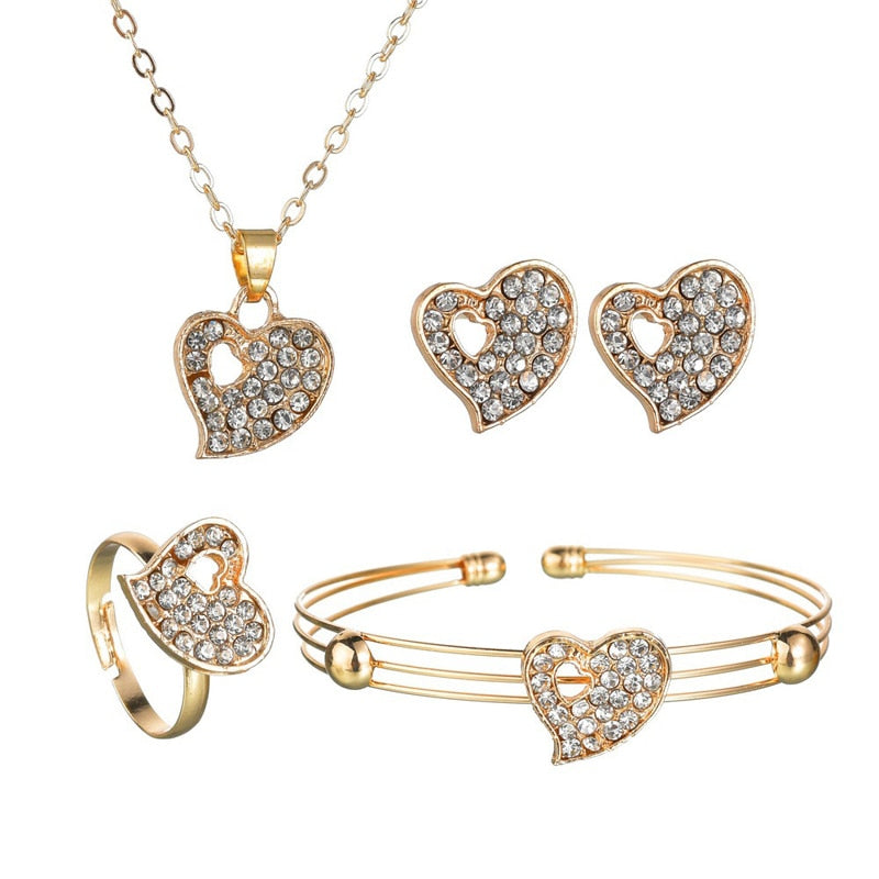 Fashion Jewelry Luxury Gold-color Romantic Austrian Crystal heart shape Chain Necklace Earrings Jewelry Sets