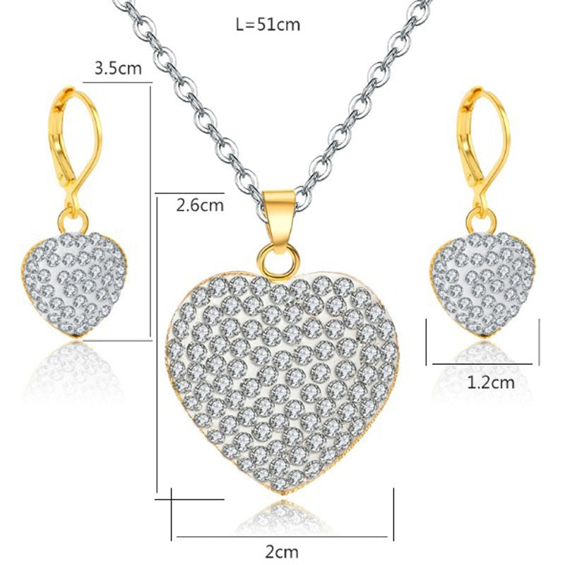 Fashion Jewelry Luxury Gold-color Romantic Austrian Crystal heart shape Chain Necklace Earrings Jewelry Sets