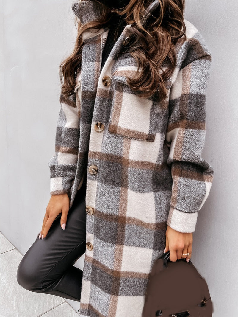 Women Checked Jacket Casual Turn Down Collar Plaid Long Coat Female Oversized Thick Warm Woolen Blends Overcoat