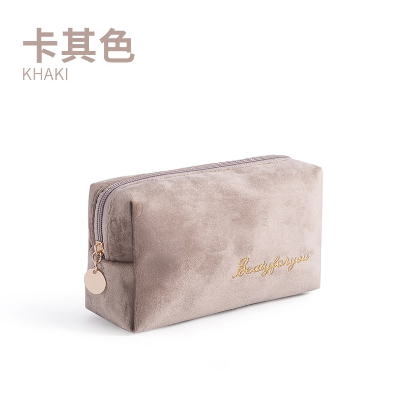 Women Cosmetic Bag Toiletries Tool Travel Organizer Solid Color Storage Easy carry Case Flannel Zipper Ladies Makeup Bag