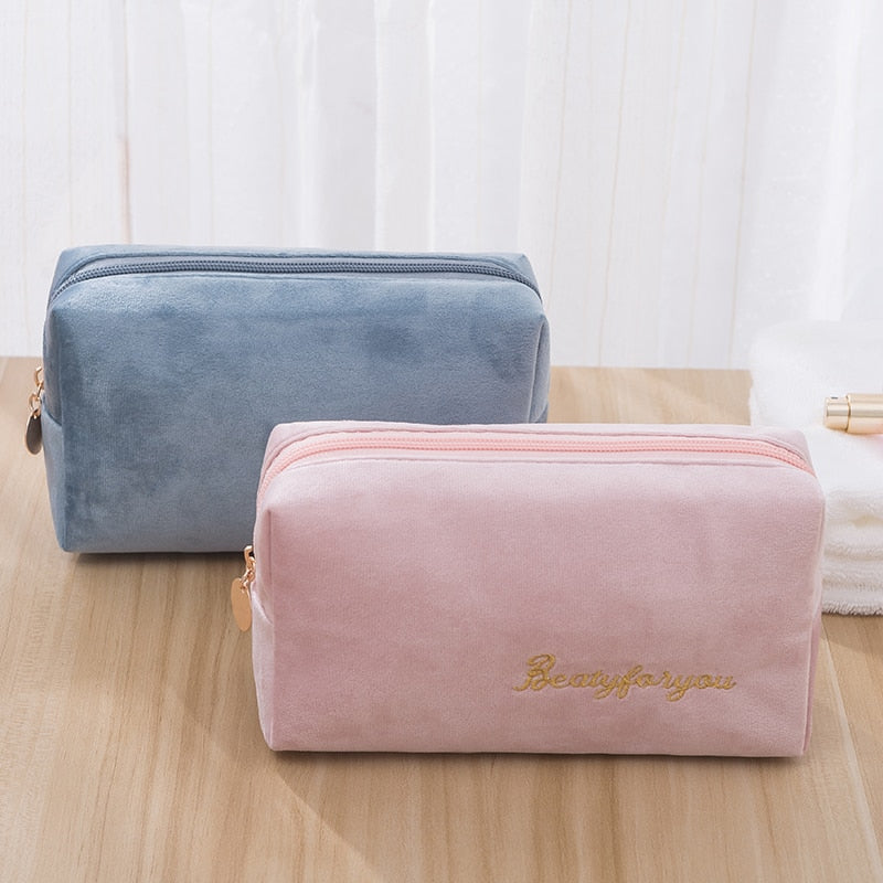 Women Cosmetic Bag Toiletries Tool Travel Organizer Solid Color Storage Easy carry Case Flannel Zipper Ladies Makeup Bag