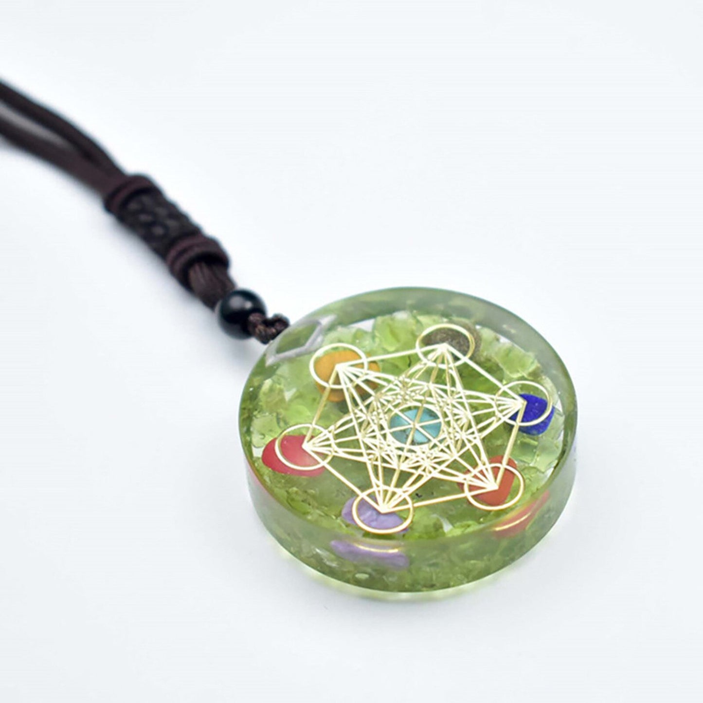 Women And Men Energy Magic Circle Necklace Pendant Natural Peridot Resin Seven Chakra Pendant Fashionable Jewelry Yoga Chain #18