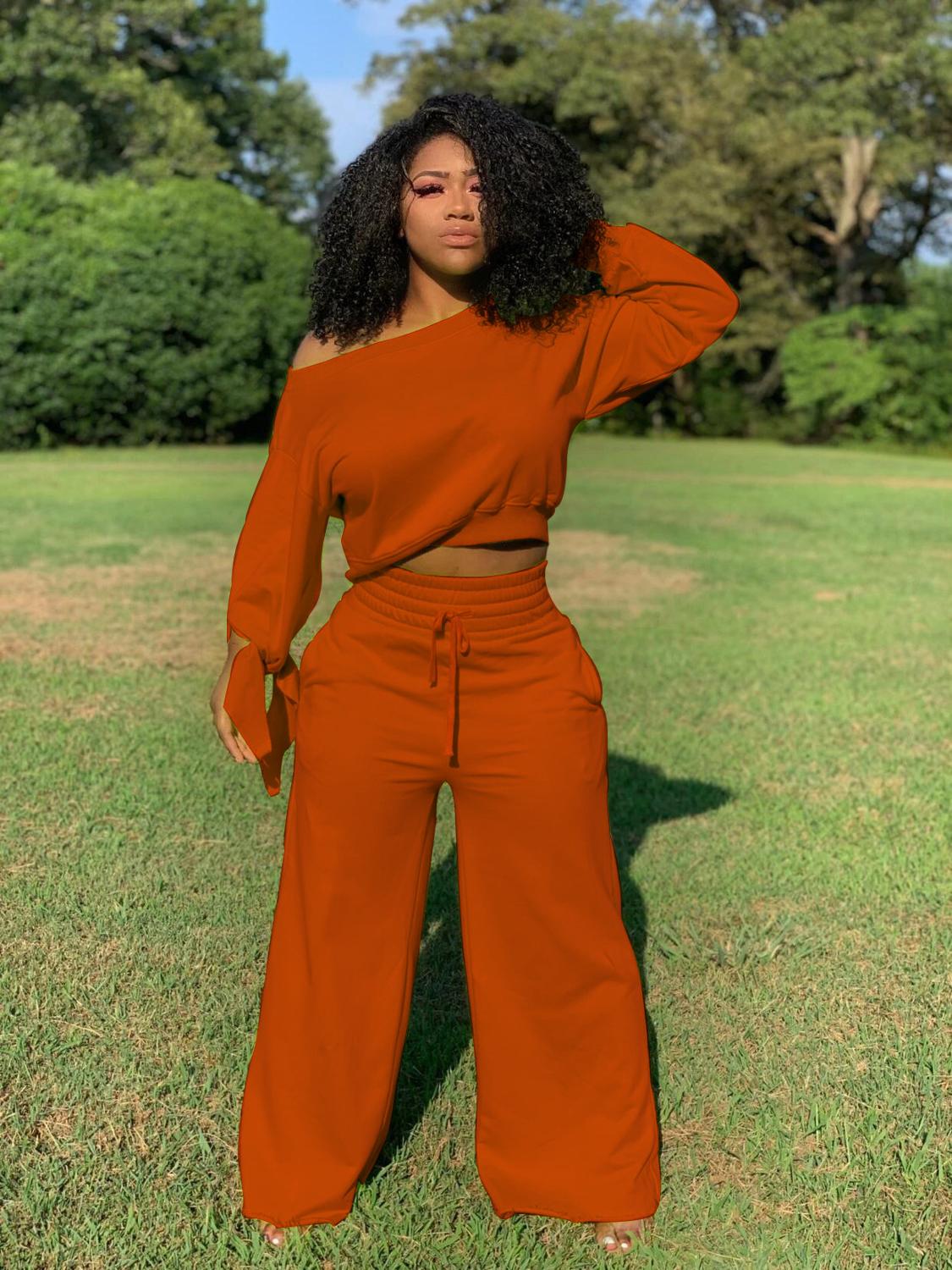 Long Sleeve Sexy Off Shoulder Crop Top Wide Leg Pants Two Piece Set lounge wear Casual Fashion Tracksuit  Outfit