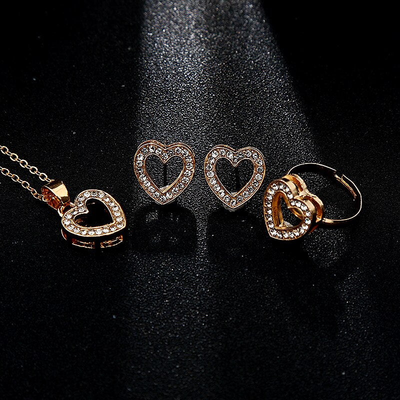 5 Pieces / Set Heart Gold Color Crystal Party Engagement Anniversary Wedding Jewelry Set Gifts For Women