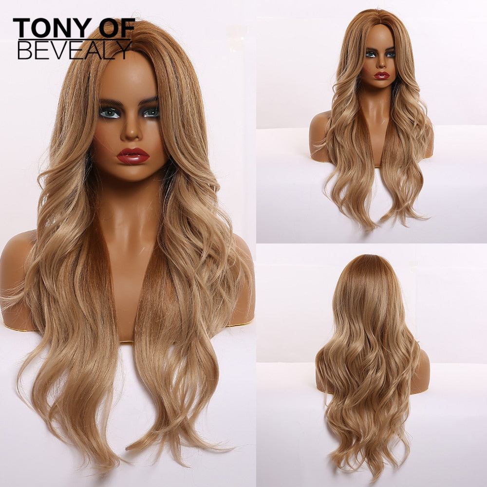 Long Wavy Brown to Light Blonde Ombre Hair Wigs Middle Part Natural Synthetic Wigs for Black Women Cosplay Heat Resistant Wigs