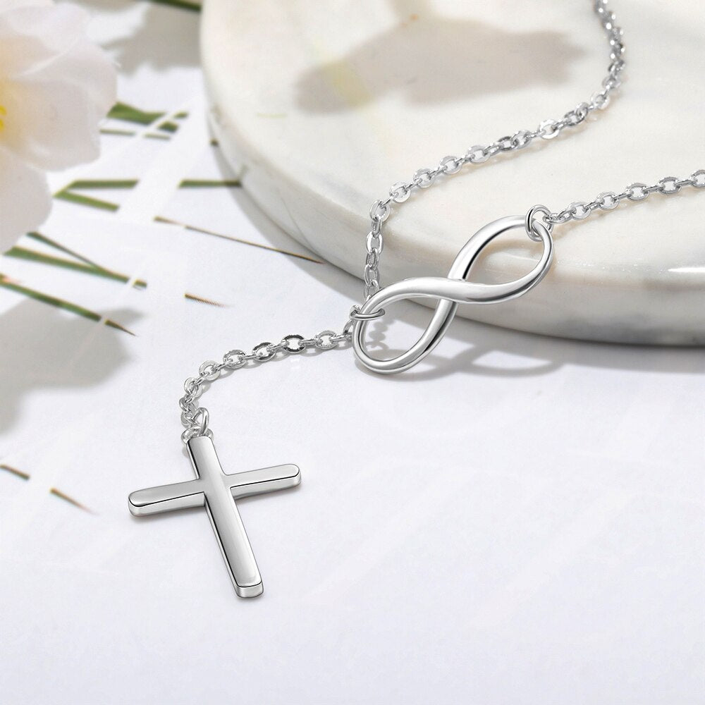 Cross & Infinity Solid 925 Sterling Silver Pendant Necklace Women Fine Jewelry