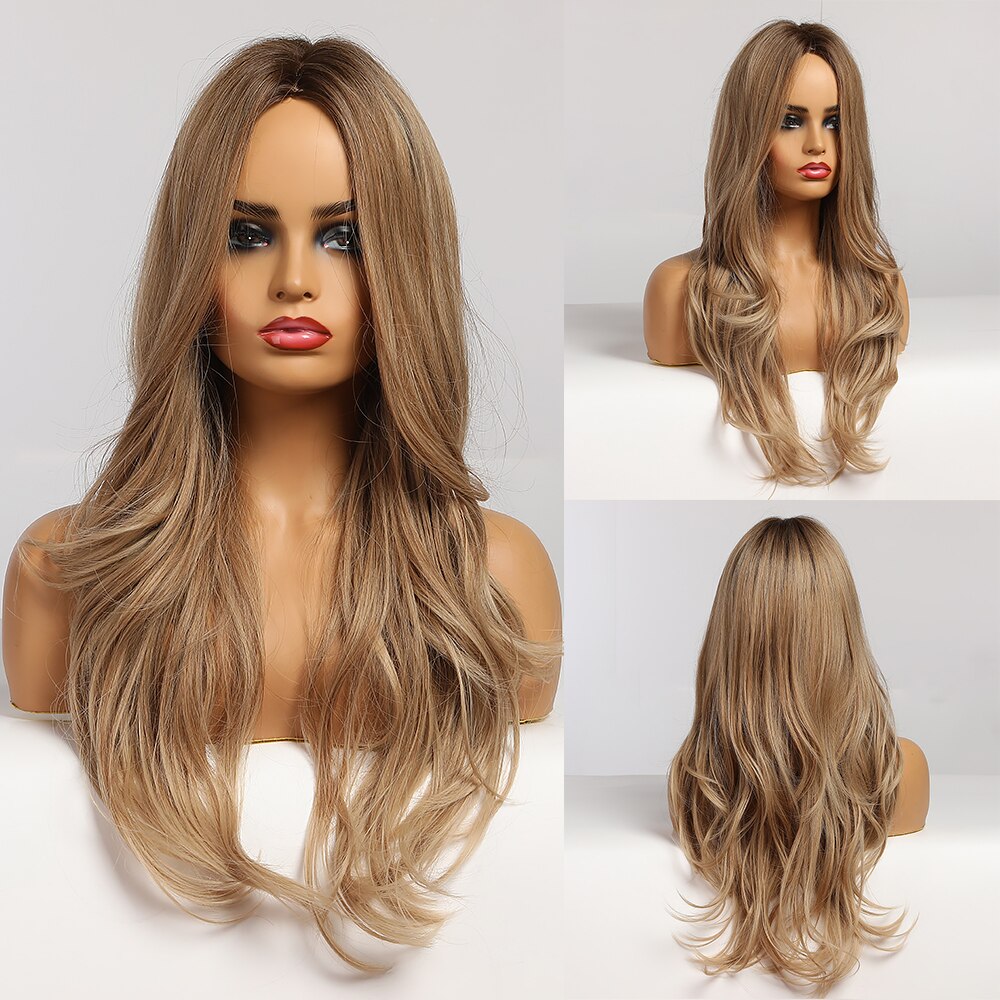 Long Wavy Brown to Light Blonde Ombre Hair Wigs Middle Part Natural Synthetic Wigs for Black Women Cosplay Heat Resistant Wigs