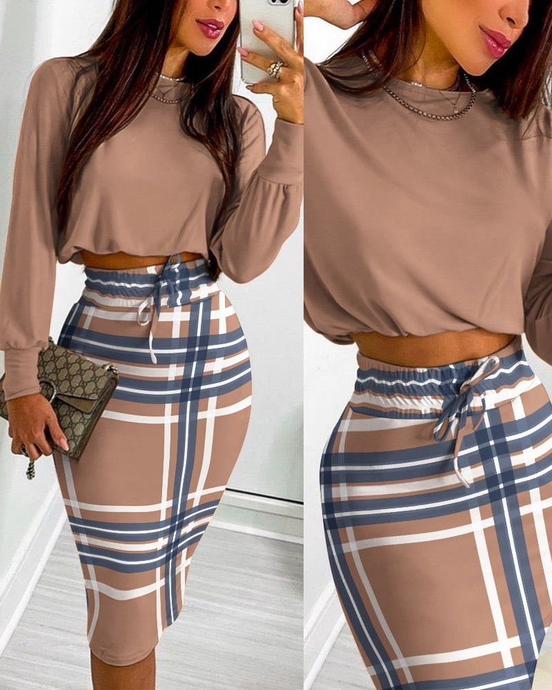 Midi Skirt Tshirt Set Women Two Piece Set