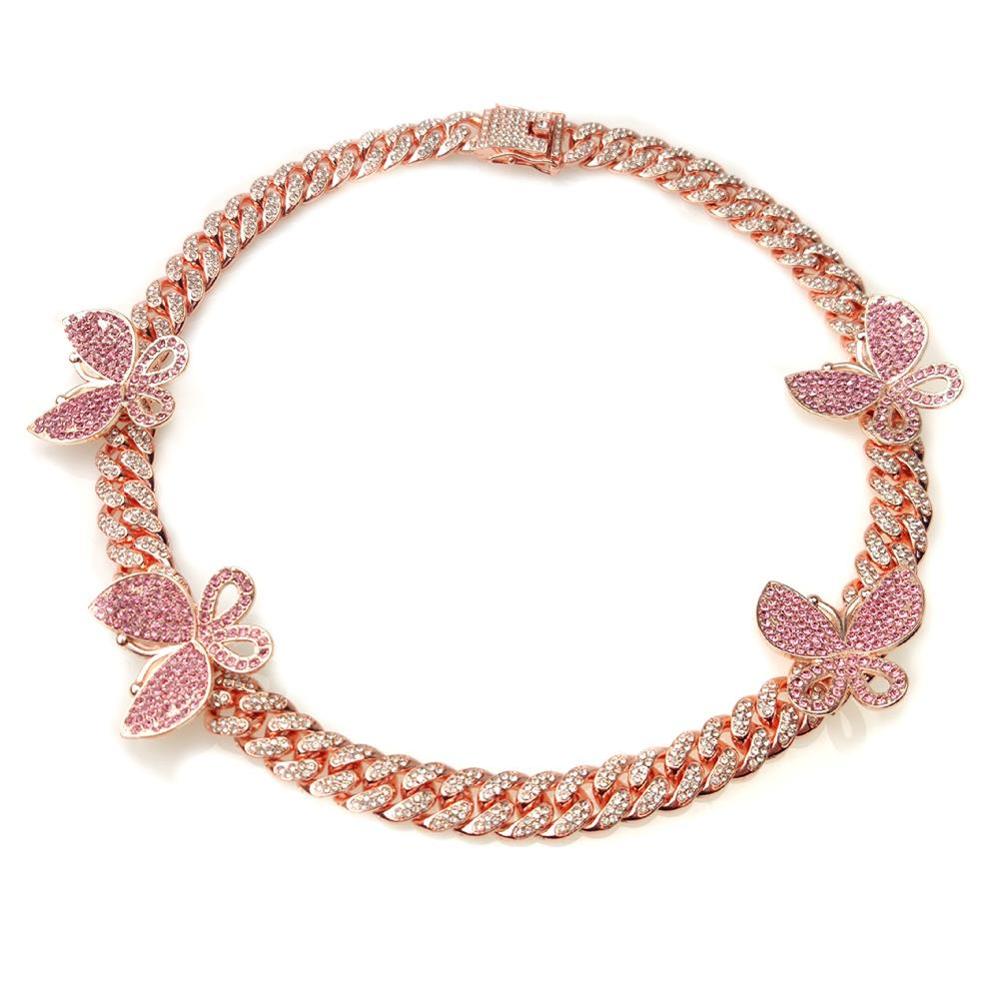 Pink Cuban Link Butterfly Choker Necklace Chain Crystal Rhinestone Chokers Necklaces