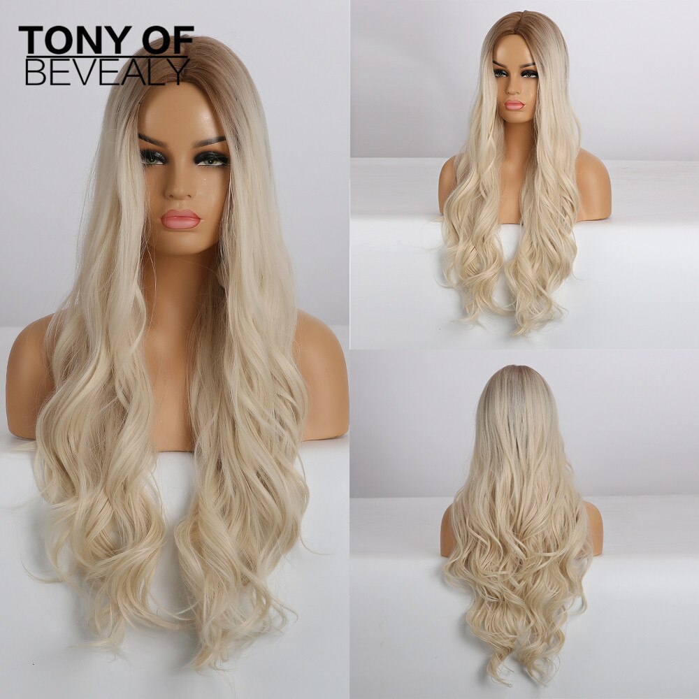 Long Wavy Brown to Light Blonde Ombre Hair Wigs Middle Part Natural Synthetic Wigs for Black Women Cosplay Heat Resistant Wigs