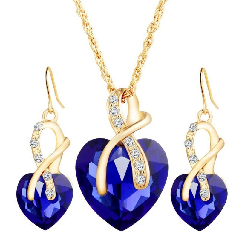 Fashion Jewelry Luxury Gold-color Romantic Austrian Crystal heart shape Chain Necklace Earrings Jewelry Sets