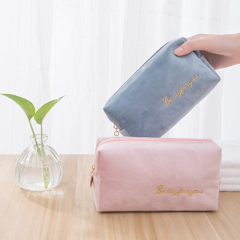 Women Cosmetic Bag Toiletries Tool Travel Organizer Solid Color Storage Easy carry Case Flannel Zipper Ladies Makeup Bag