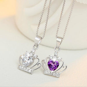 🌺✝Ashes to Beauty Sterling Silver Necklace Queen Princess Crystal Crown Zirconia Heart Pendant Necklace For Women 45cm Chain S-N98