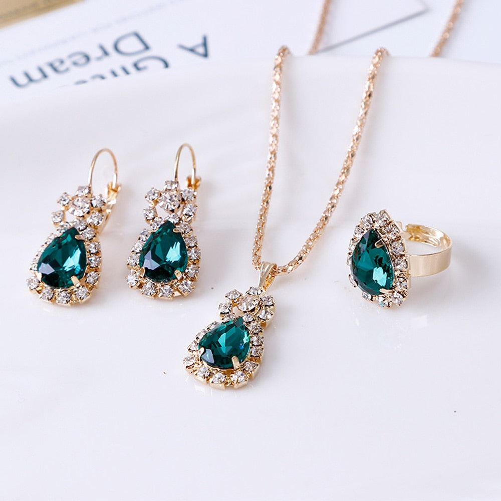 Luxury Water Drop Rhinestone Necklace Earrings Ring Set Shiny Fashion Elegant Women Bridal Jewelry Sets