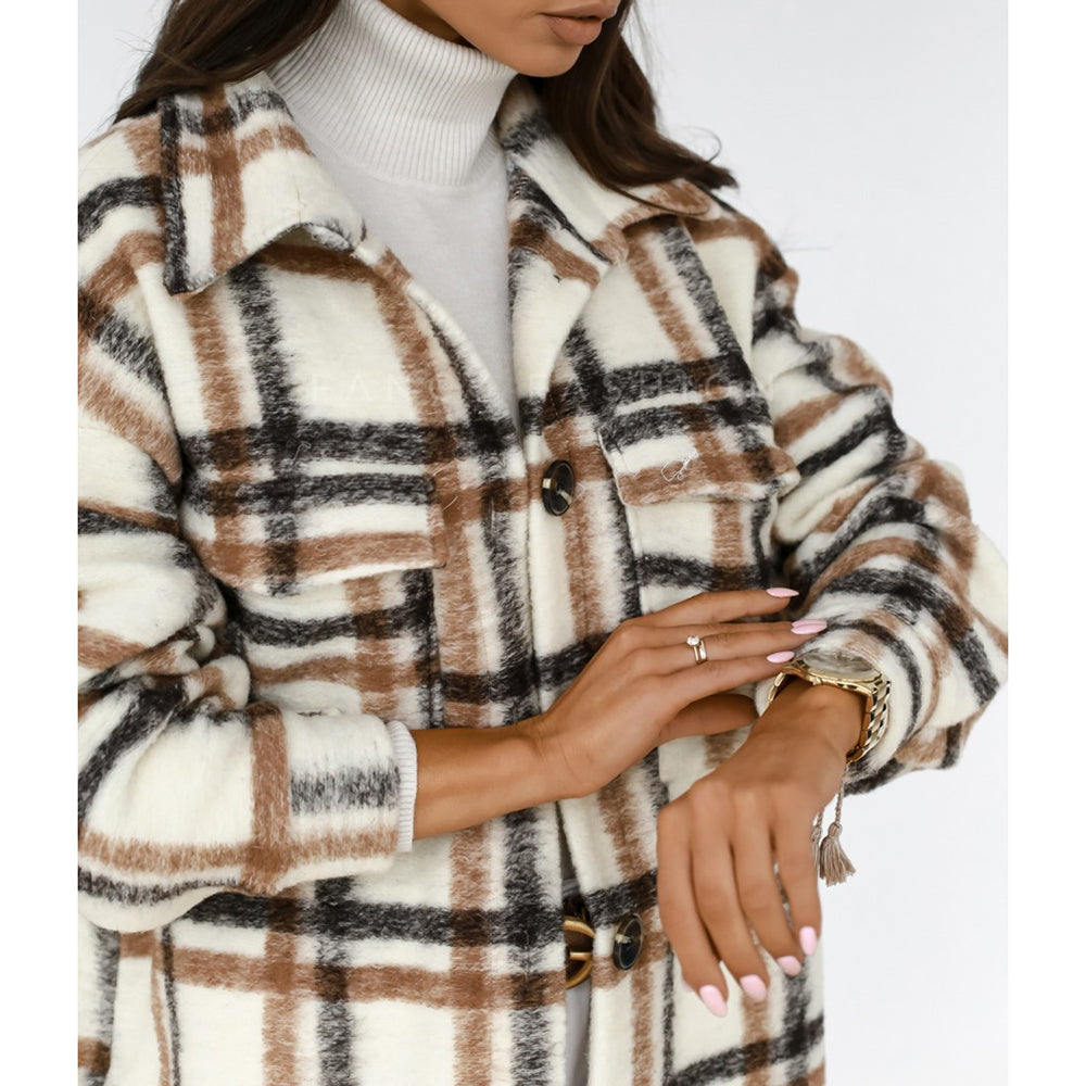 Women Checked Jacket Casual Turn Down Collar Plaid Long Coat Female Oversized Thick Warm Woolen Blends Overcoat